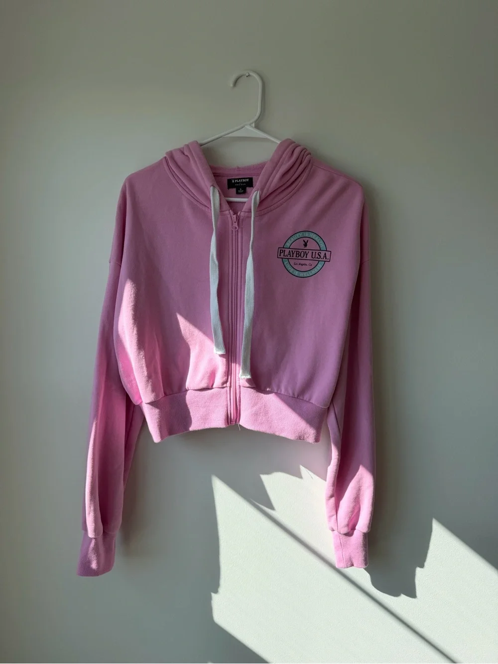 PLAYBOY Cropped Pink Zip-Up Bomber Hoodie